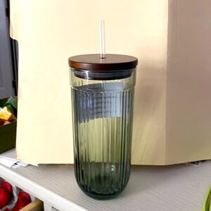 21oz Fluted Glass Tumbler with Wood Lid Soda Lime Green - Hearth & Hand